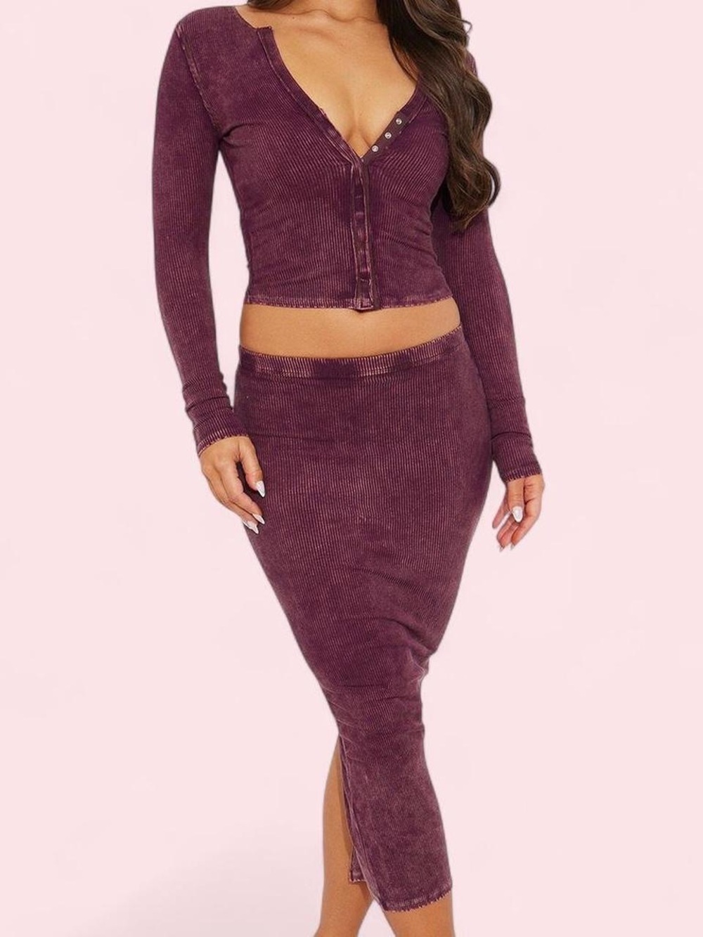 Fashion Nova Ribbed Midi Pencil Skirt in Wine